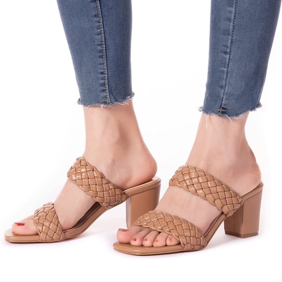 Women’s Woven Chunky Braided Sandel Heels. Nude Square Toes Leather Comfortable - Picture 3 of 4